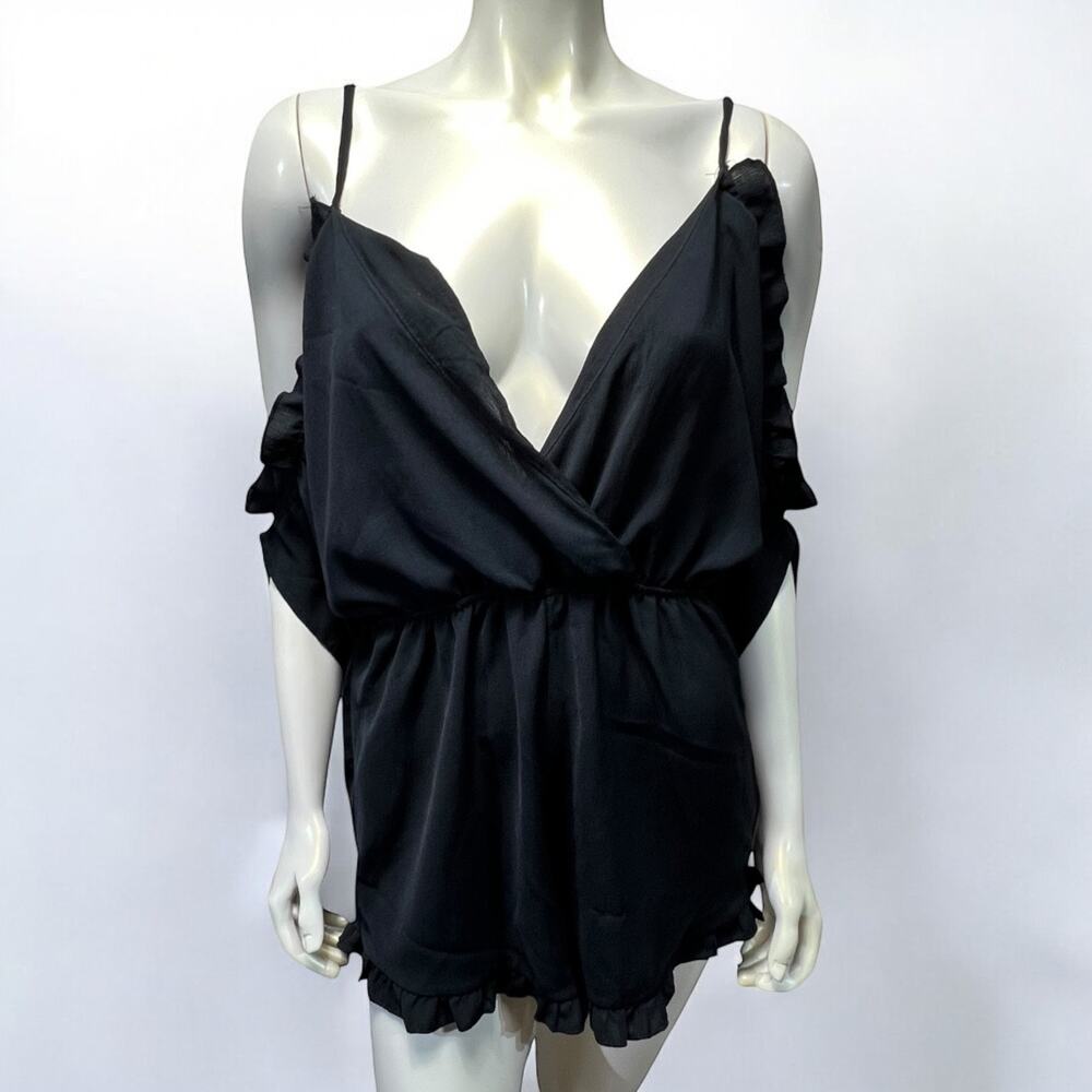 Salt + Jade Black Cold Shoulder Ruffle Romper Wrap Front Party Summer Large